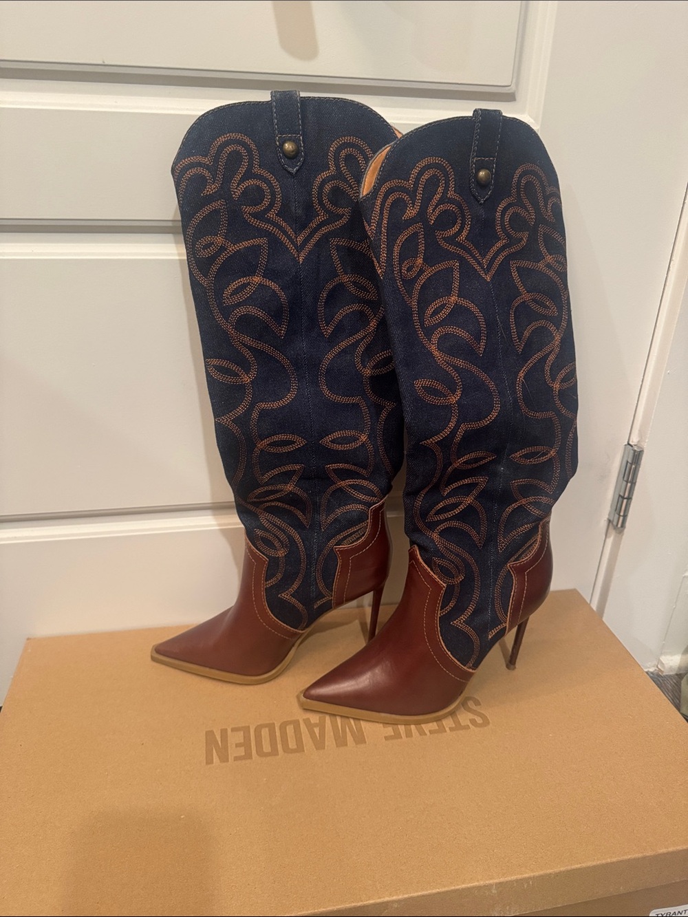 Steve Madden Brown Leather & Navy Embroidered Over-the-Knee Boots